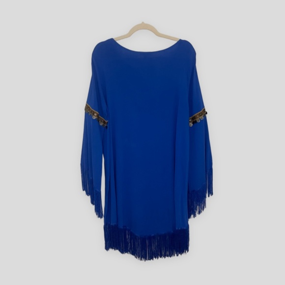 JODIFL Blue Fringe Midi Shift Dress with Fringe & Coin Embellishments Size LNWT - Picture 5 of 8